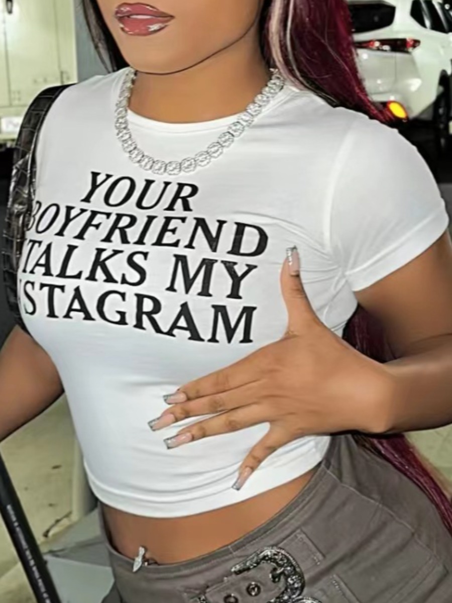 LovelyWholesale Crop Top Letter Print T-shirt Summer Short Sleeve Street Pattern Round Neck Spring Summer 2024