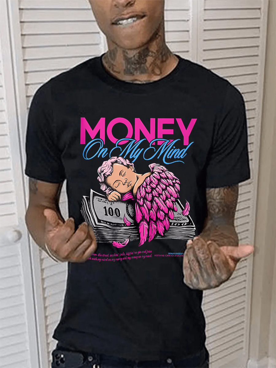 LovelyWholesale BASICS Men Money Figure Letter Print T-shirt Summer Short Sleeve Casual Pattern Round Neck Spring Summer 2024