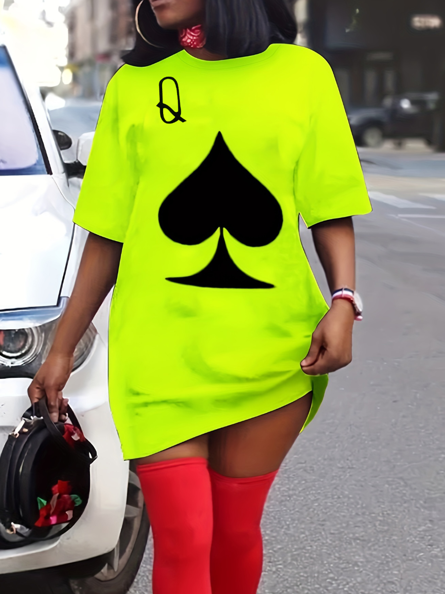 LW Plus Size Leisure O Neck Print Green Mini Dress