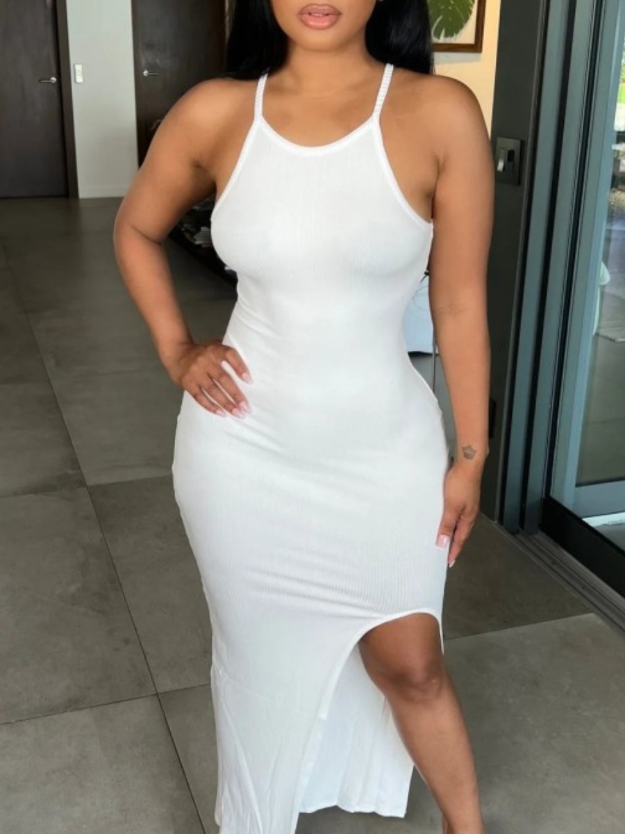 LovelyWholesale BASICS Side Slit Bodycon Cami Dress Summer Sleeveless Casual Split U Neck Spring Summer 2024