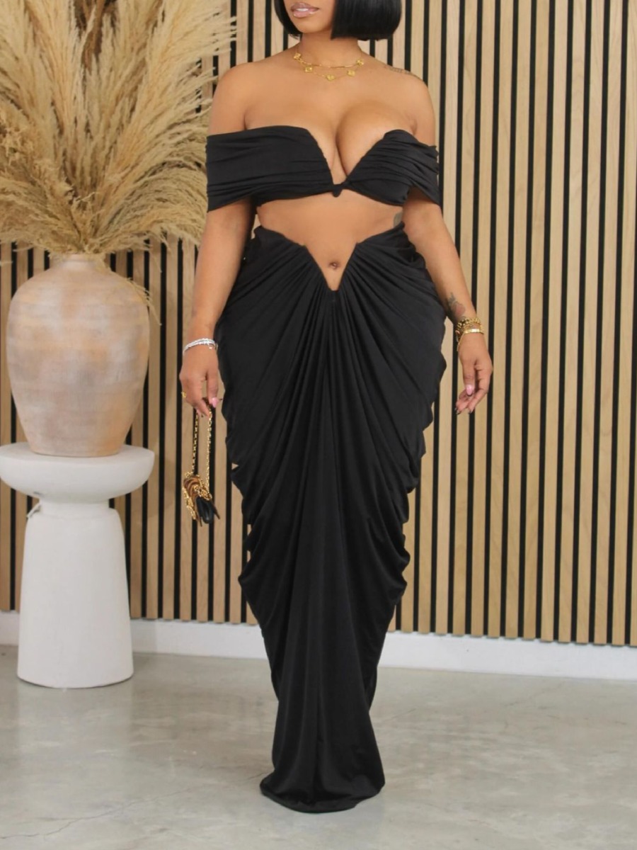 LW SXY Plus Size Off The Shoulder Ruched Skirt Set