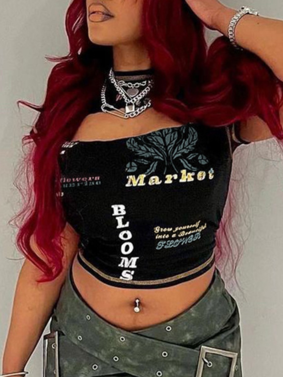 LovelyWholesale Letter Print Cut Out Skinny T-shirt Summer Short Sleeve Casual Cut Out Round Neck Spring Summer 2024
