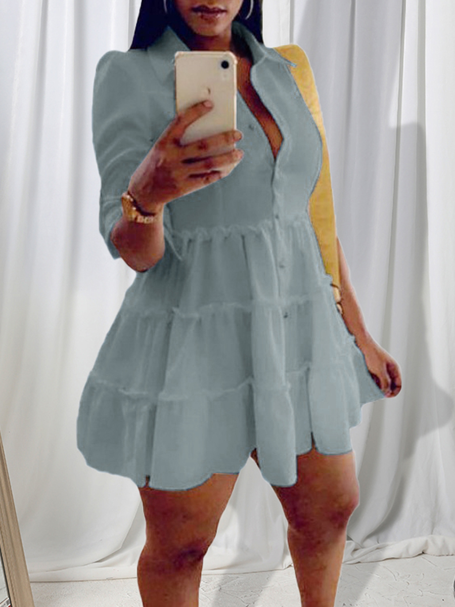 LW Button Ruffle Design A Line Shirt Dress