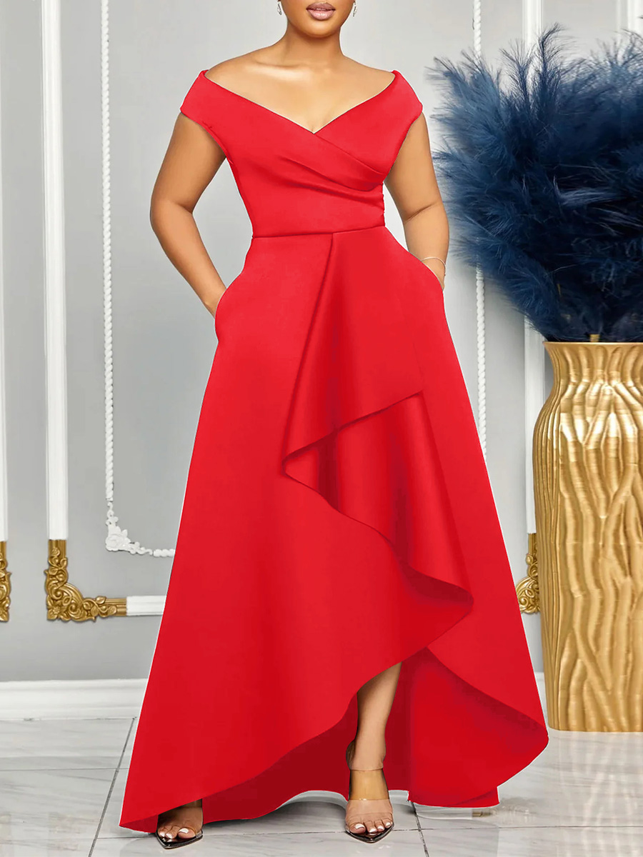 LovelyWholesale Plus Size Off The Shoulder Flounce Design A Line Dress Summer Short Sleeve Casual Ruffle Hem Bateau Neck  5X Spring Summer 2024