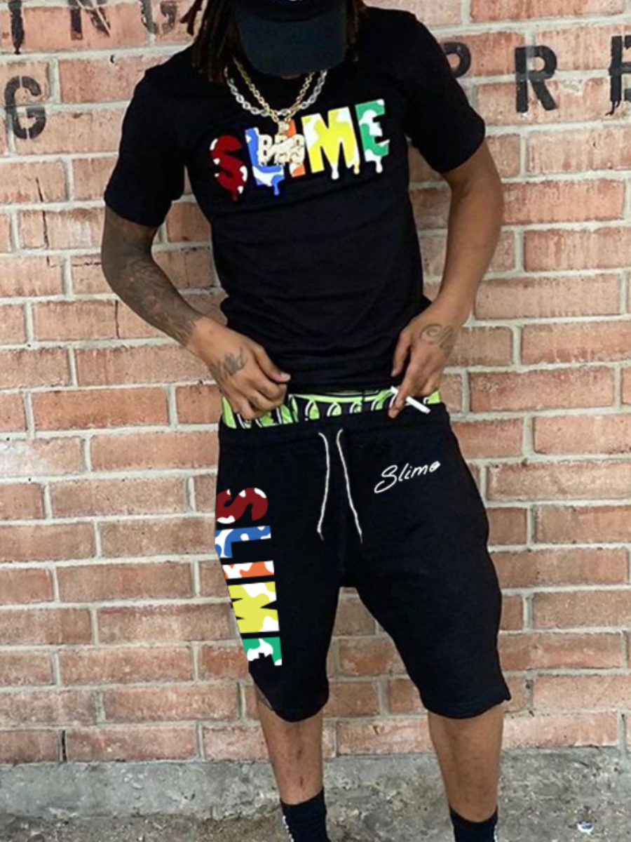 LW BASICS Men Letter Print Drawstring Shorts Set