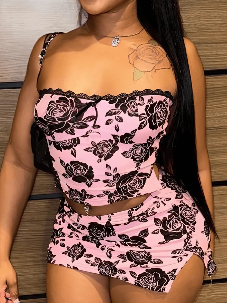 LW Floral Print Lace Trim Slit Skirt Set
