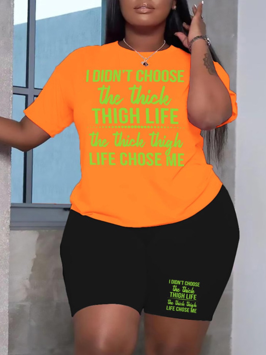 LovelyWholesale Plus Size Round Neck Letter Print Shorts Set Summer Short Sleeve Casual Pattern Round Neck  5X Spring Summer 2024