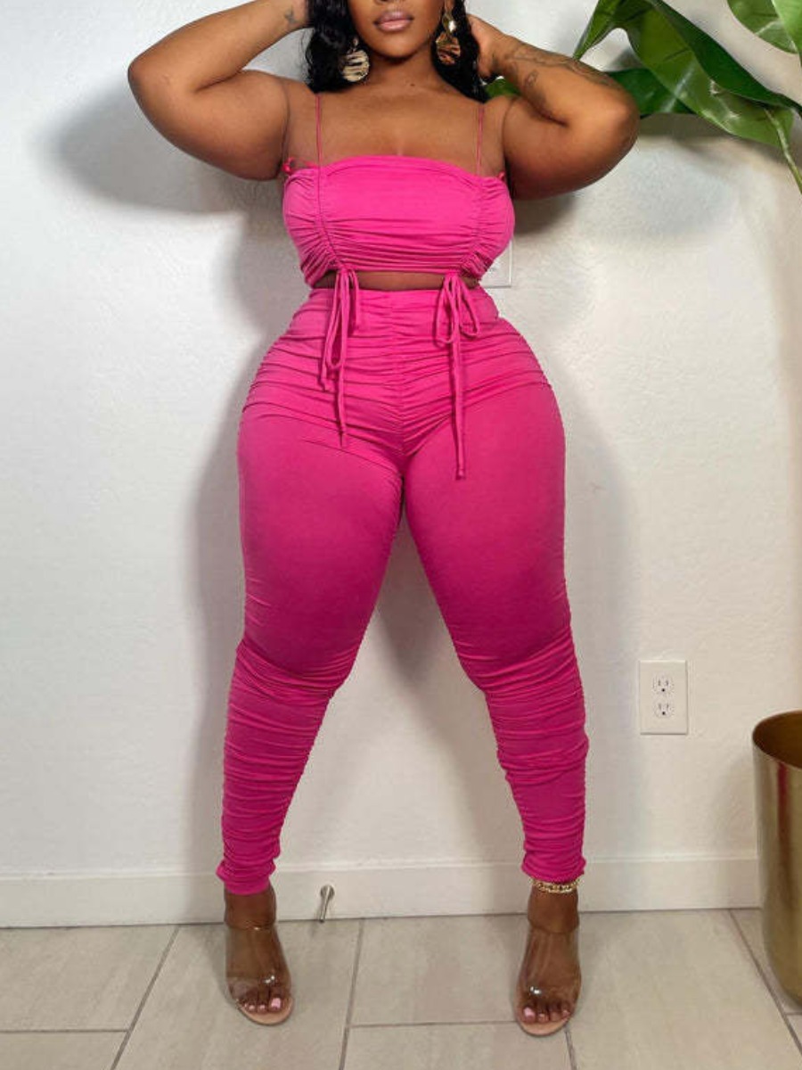 LW SXY Plus Size Ruched Drawstring High Waist Pants Set
