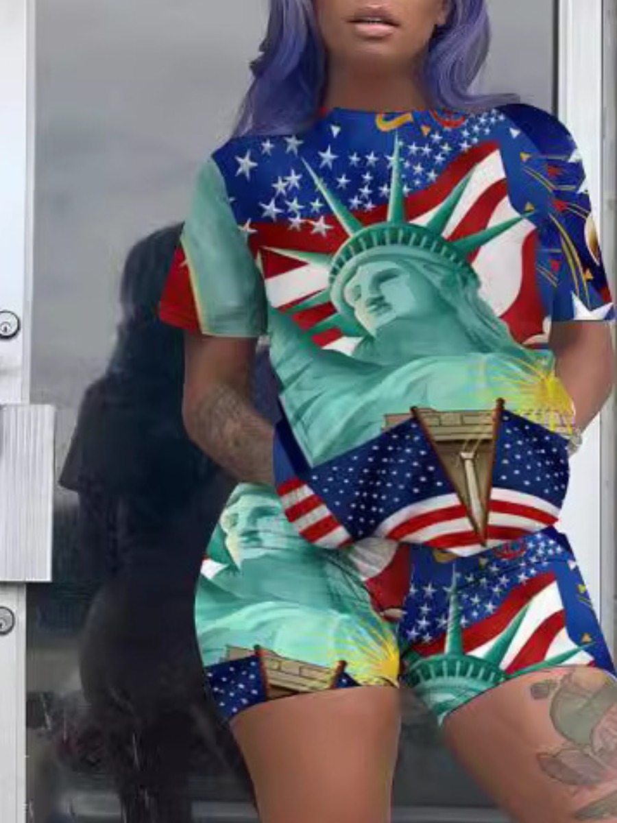 LW Plus Size American Flag Star Print Striped Shorts Set