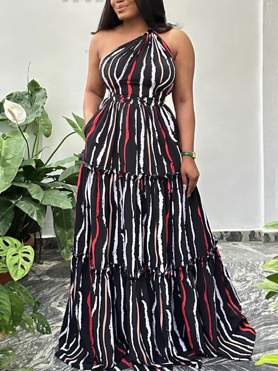 LovelyWholesale SXY Plus Size One Shoulder Striped Ruffle Design A Line Dress Summer Sleeveless Sxy Pattern Cold Shoulder  3X Spring Summer 2024