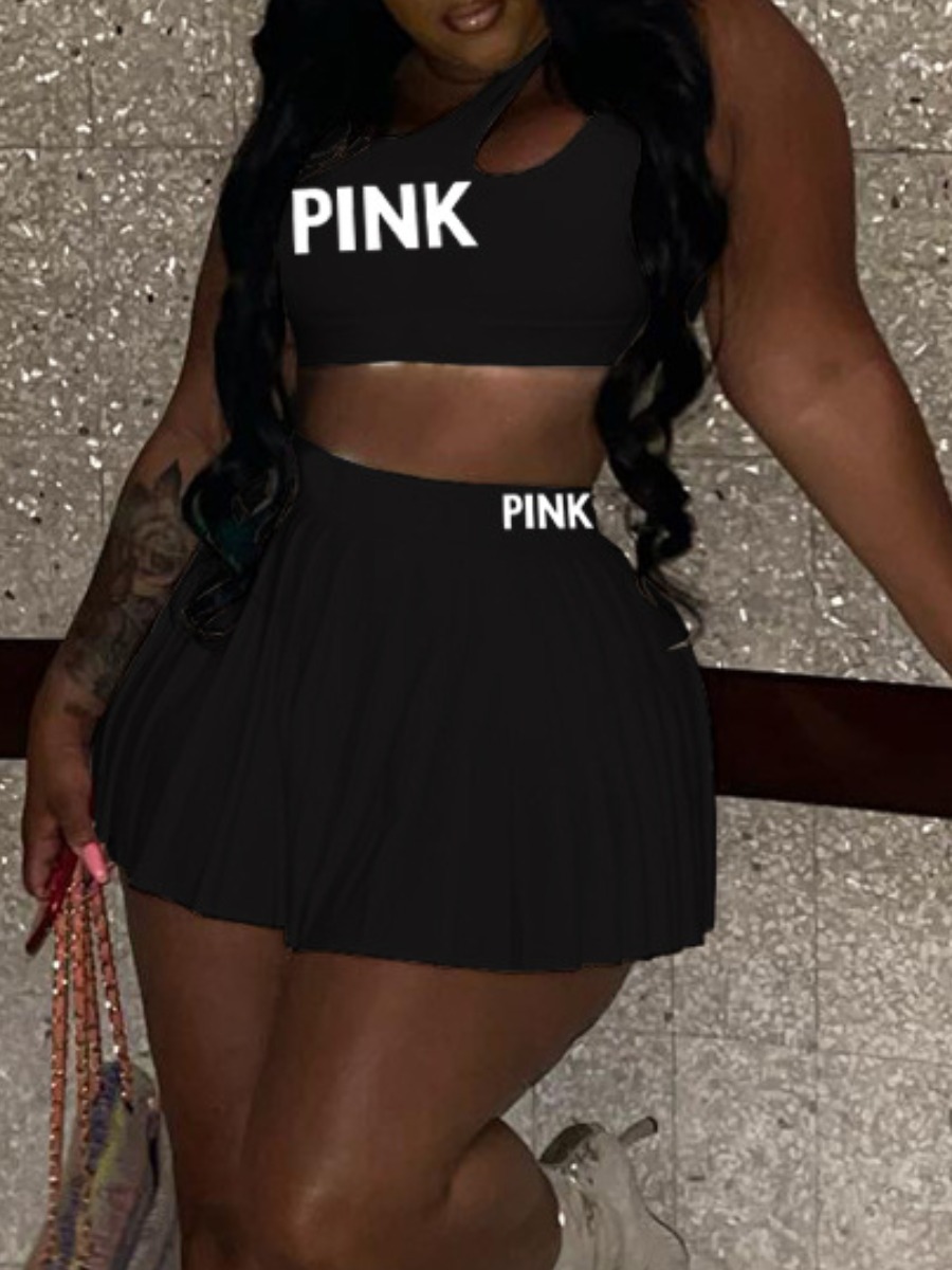 LW SXY Plus Size Crop Top Pink Letter Print Skirt 