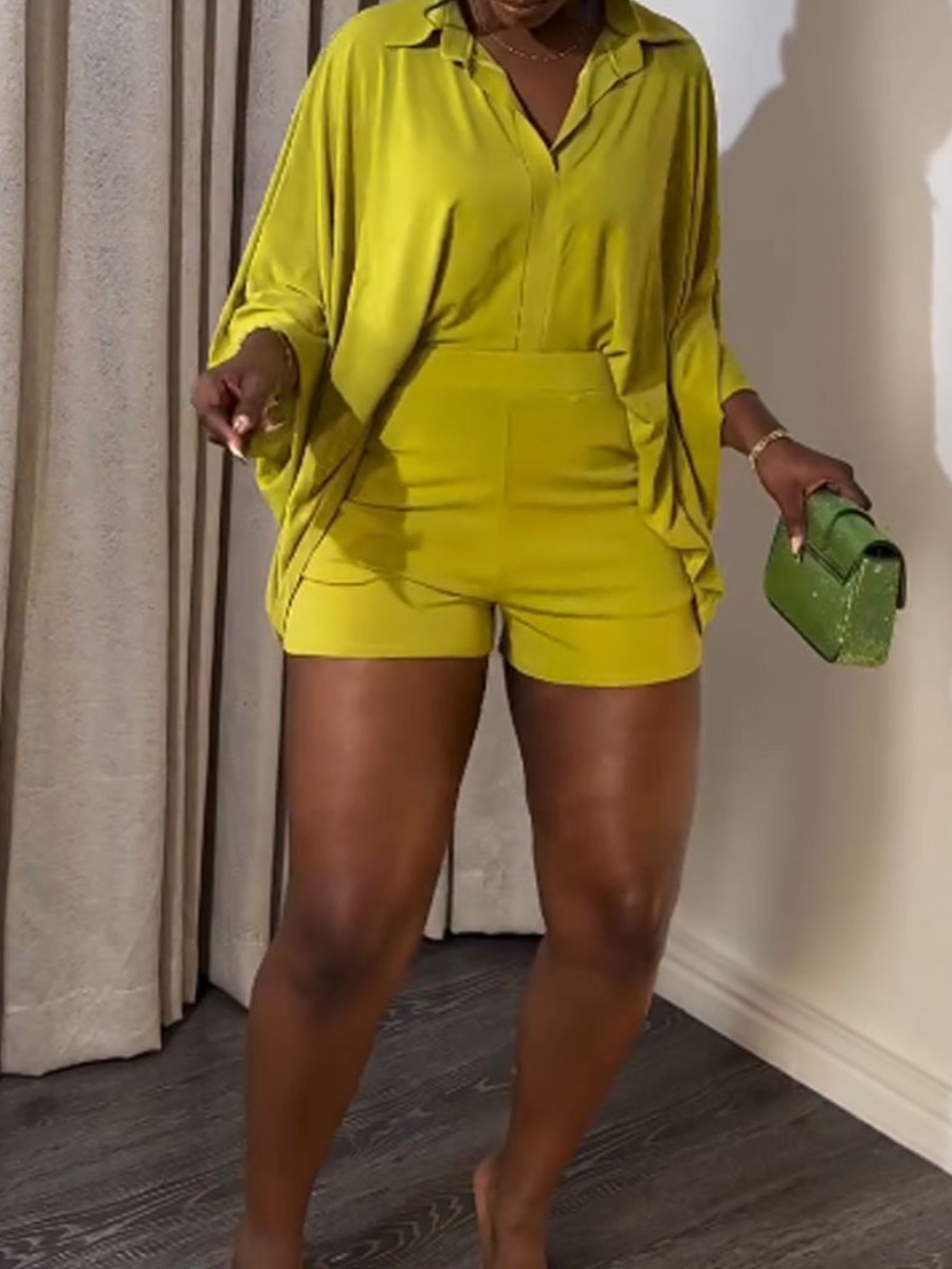 LW Plus Size Batwing Sleeve Plain Shorts Set