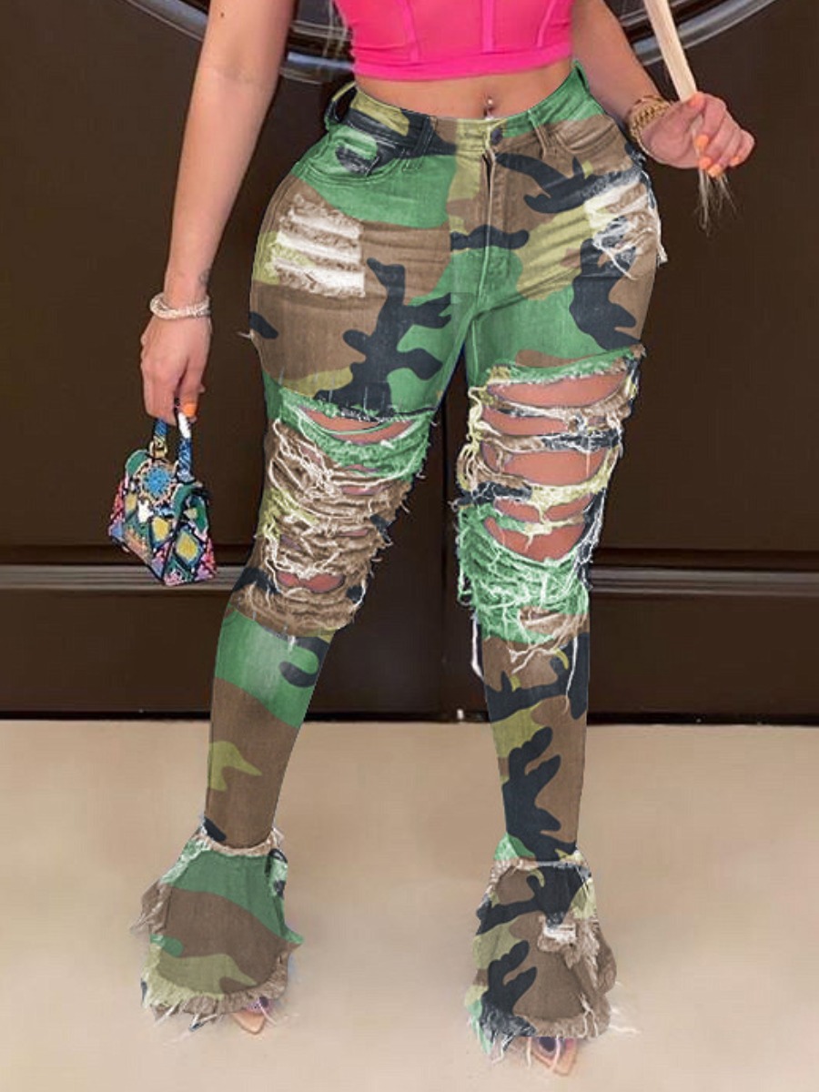 LovelyWholesale Plus Size Camo Print Ripped Flared Jeans Spring|Fall Nine Points Sleeve Street Ripped  4X Spring Summer 2024