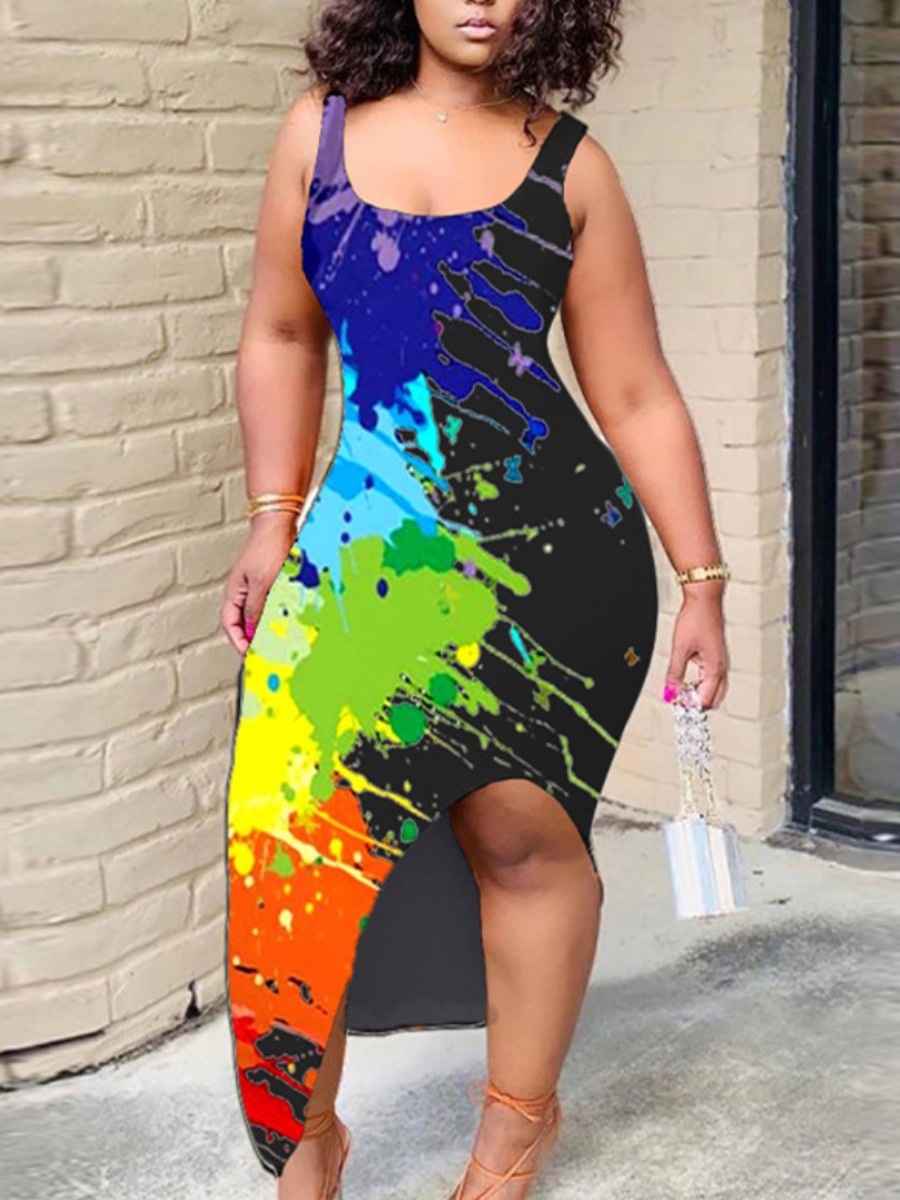 LW Plus Size Splash Ink Slit Bodycon Cami Dress