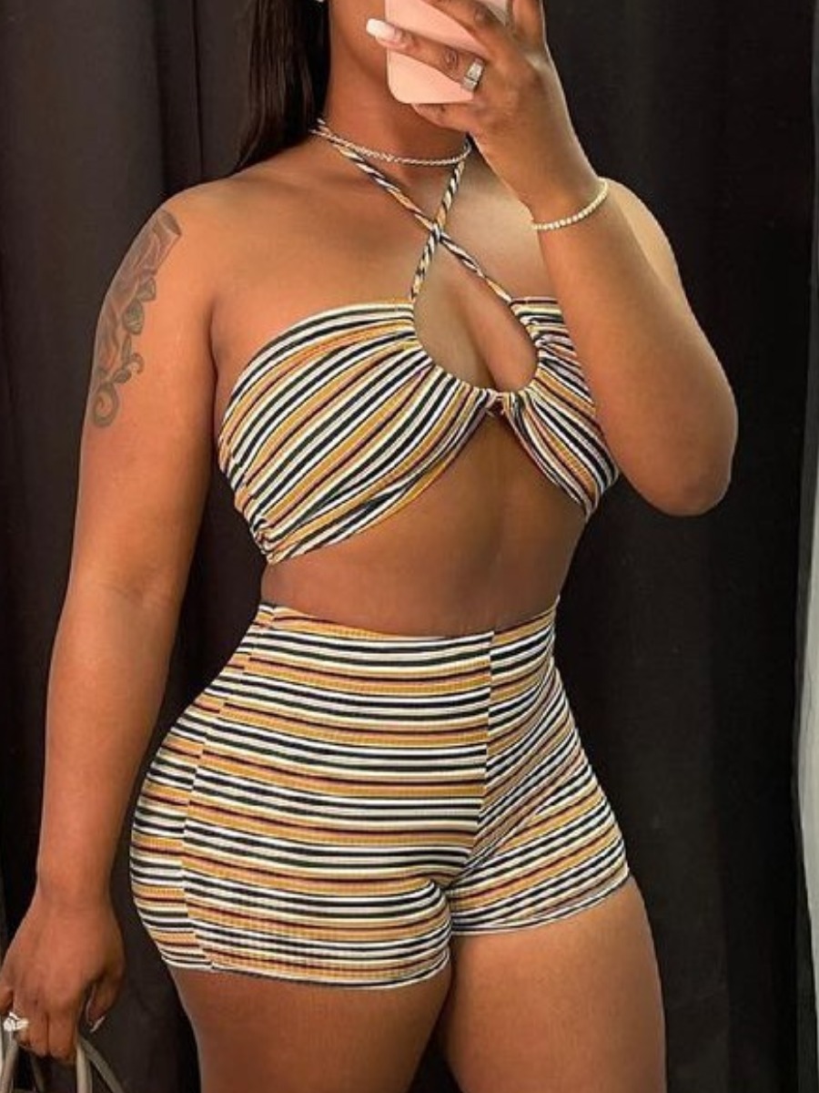 LovelyWholesale Striped Drawstring High Waist Shorts Set Summer Sleeveless Vacation Vests Halter Spring Summer 2024