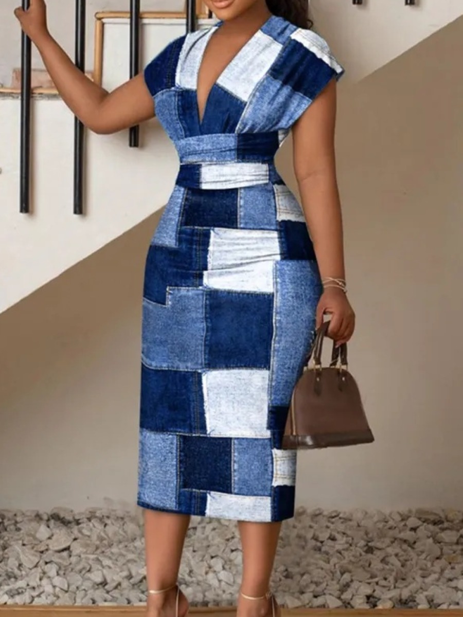 LW Plus Size Imitation Denim V Neck Patchwork Body