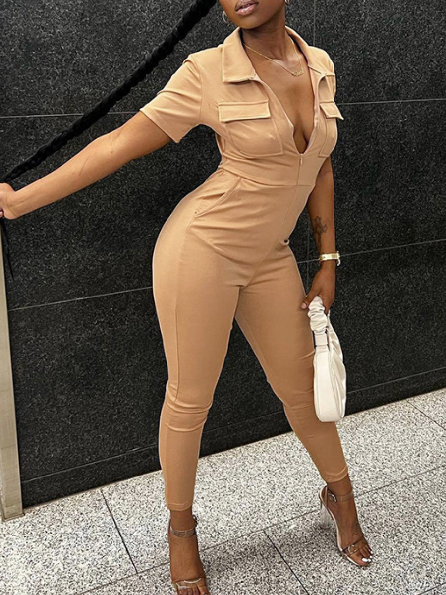 LovelyWholesale COTTON Pocket Zipper Design Jumpsuit Spring|Summer Short Sleeve Street Pocket Design Turndown Collar Spring Summer 2024