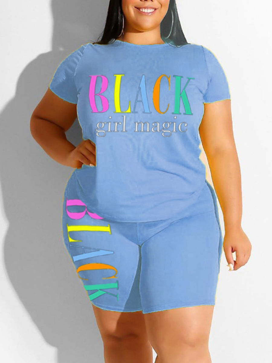 LW Plus Size Letter Print Patchwork Shorts Set