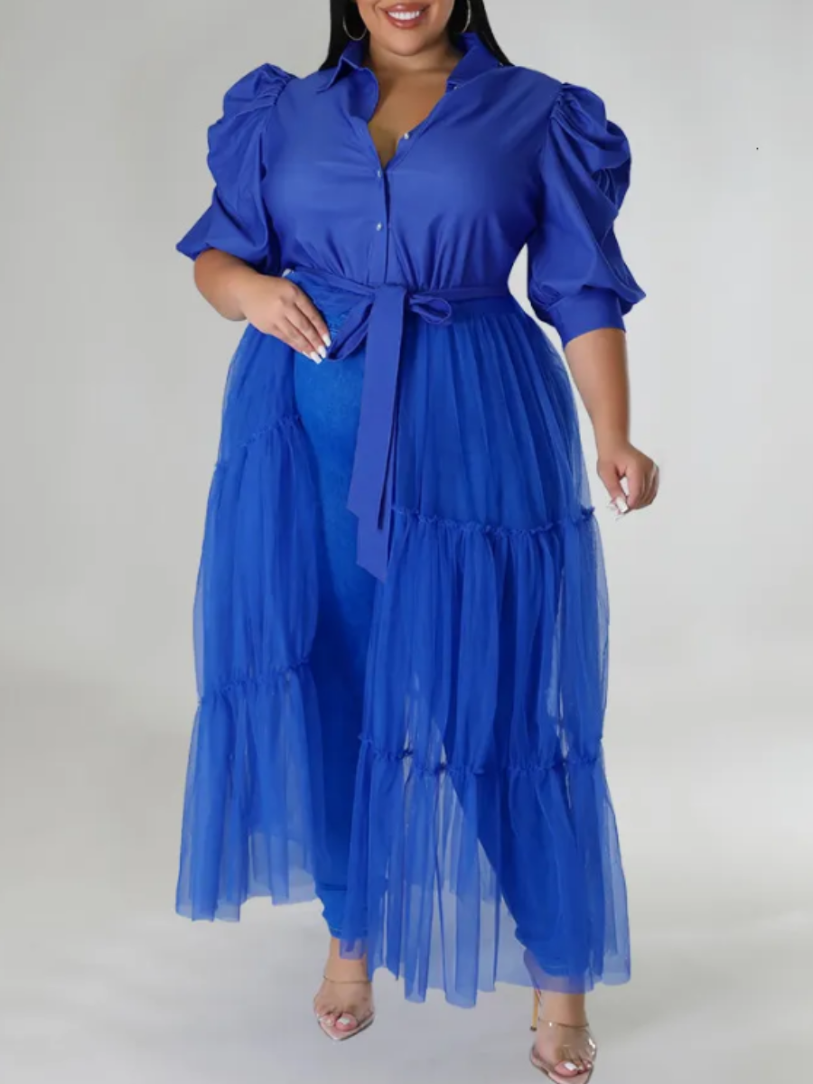 LW Plus Size Ruffle Belt Design See Through Dress