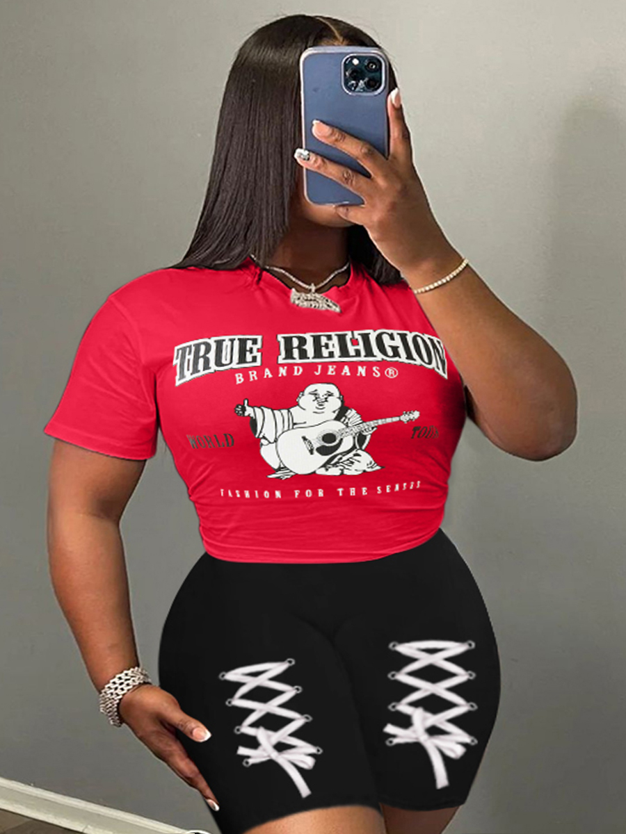 LW Plus Size Figure Letter Print Drawstring Shorts Set