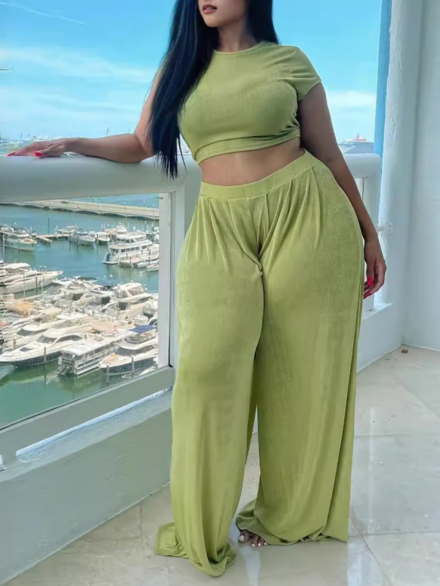 LW BASICS Plus SizeCrop Top Wide Leg Pants Set