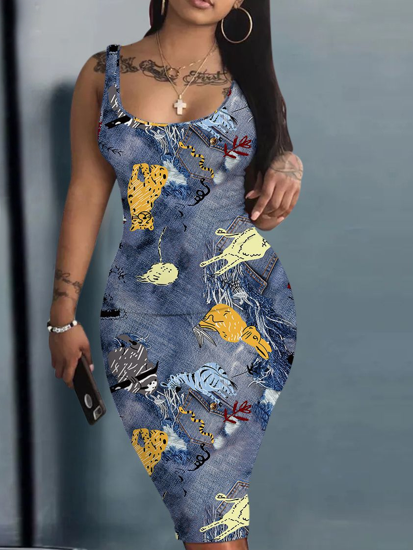 LW Plus Size Imitation Denim Cartoon Print Bodycon