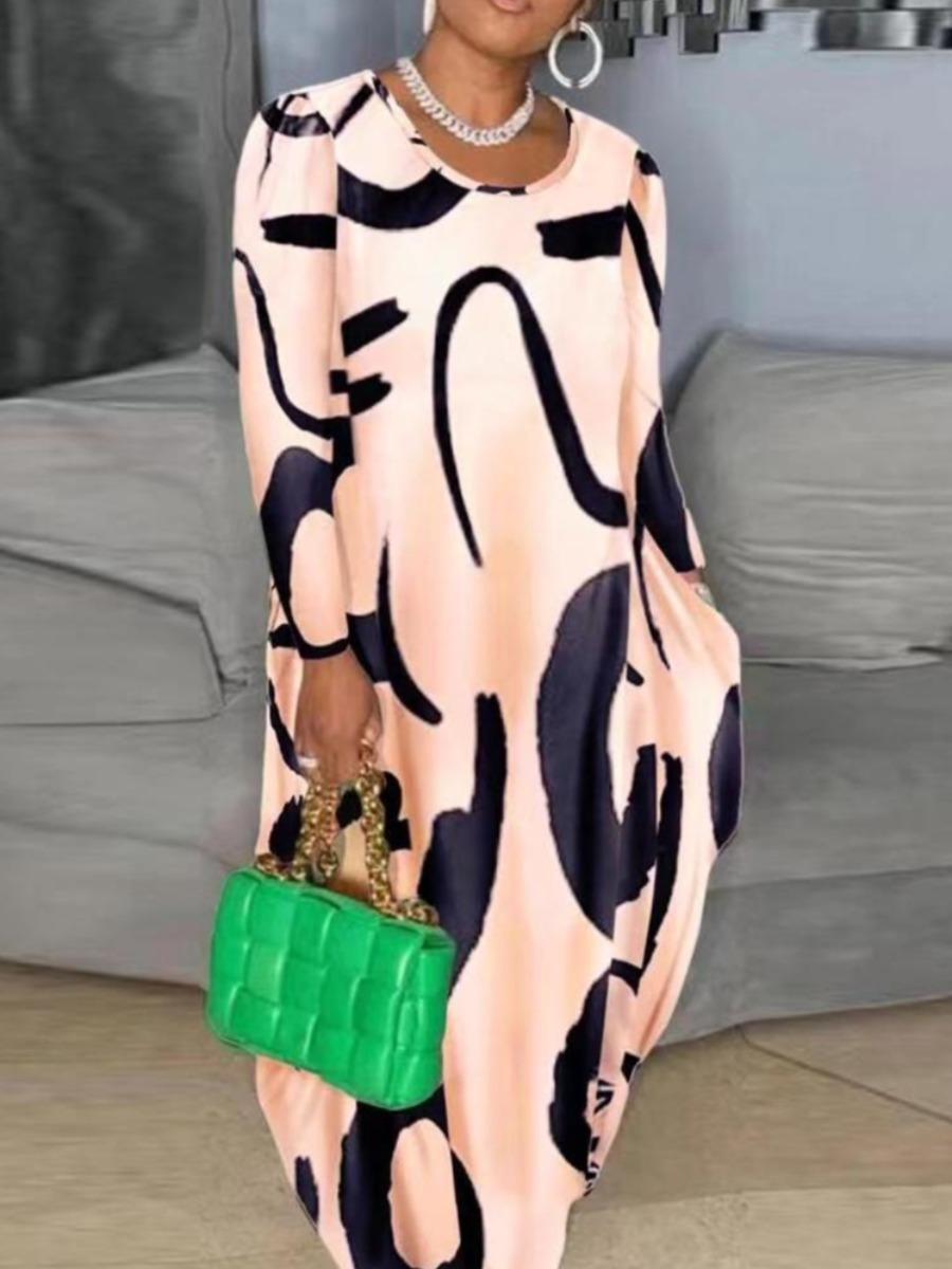 LW Plus Size Round Neck Print Pocket Design Loose Dress