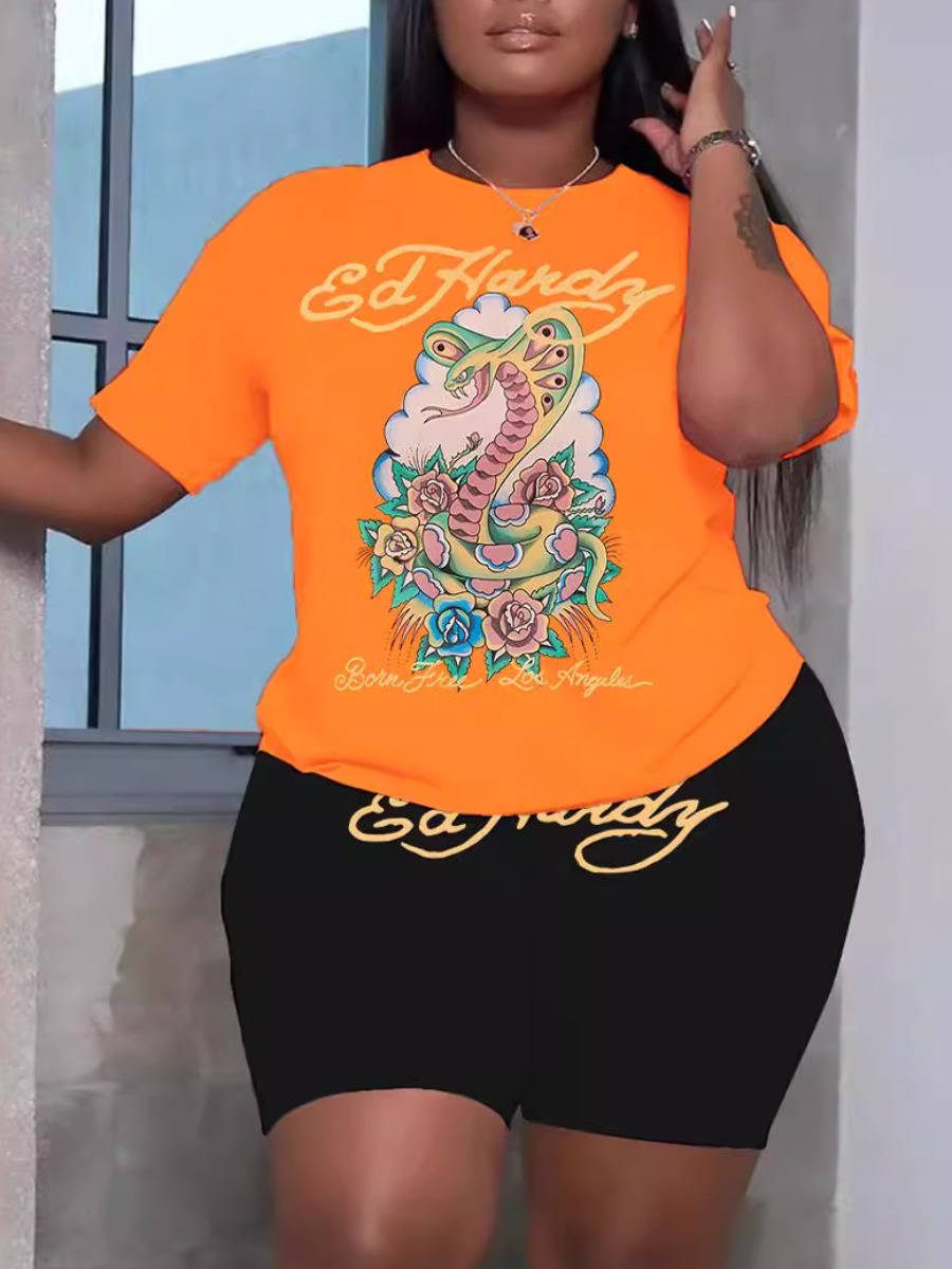 LW Plus Size Dragon Floral Letter Print Shorts Set