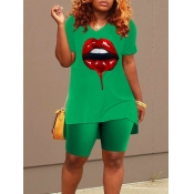 LW Plus Size Lip Print Side Split Shorts Set