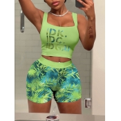 LW Crop Top Floral Letter Print Shorts Set