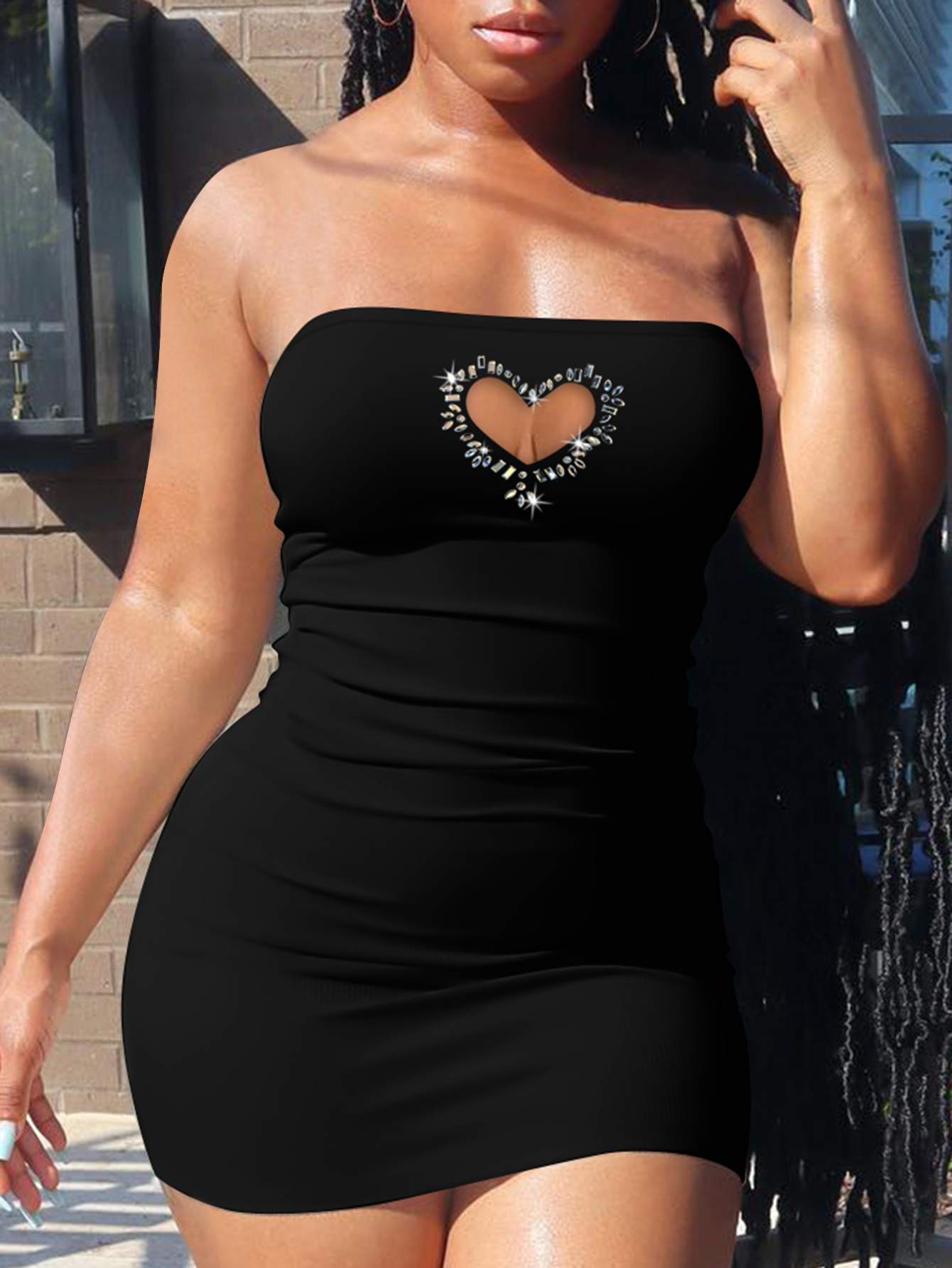 LW SXY Off The Shoulder Rhinestone Heart Cut Out Bodycon Dress