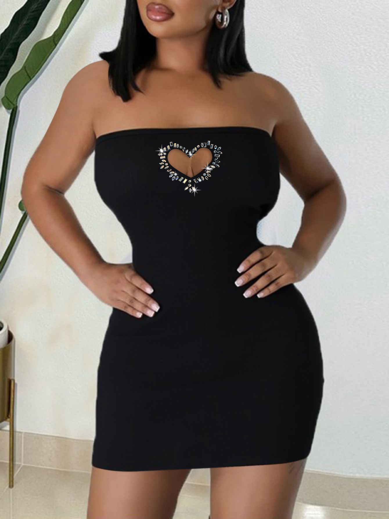 LW SXY Off The Shoulder Rhinestone Heart Cut Out Bodycon Dress