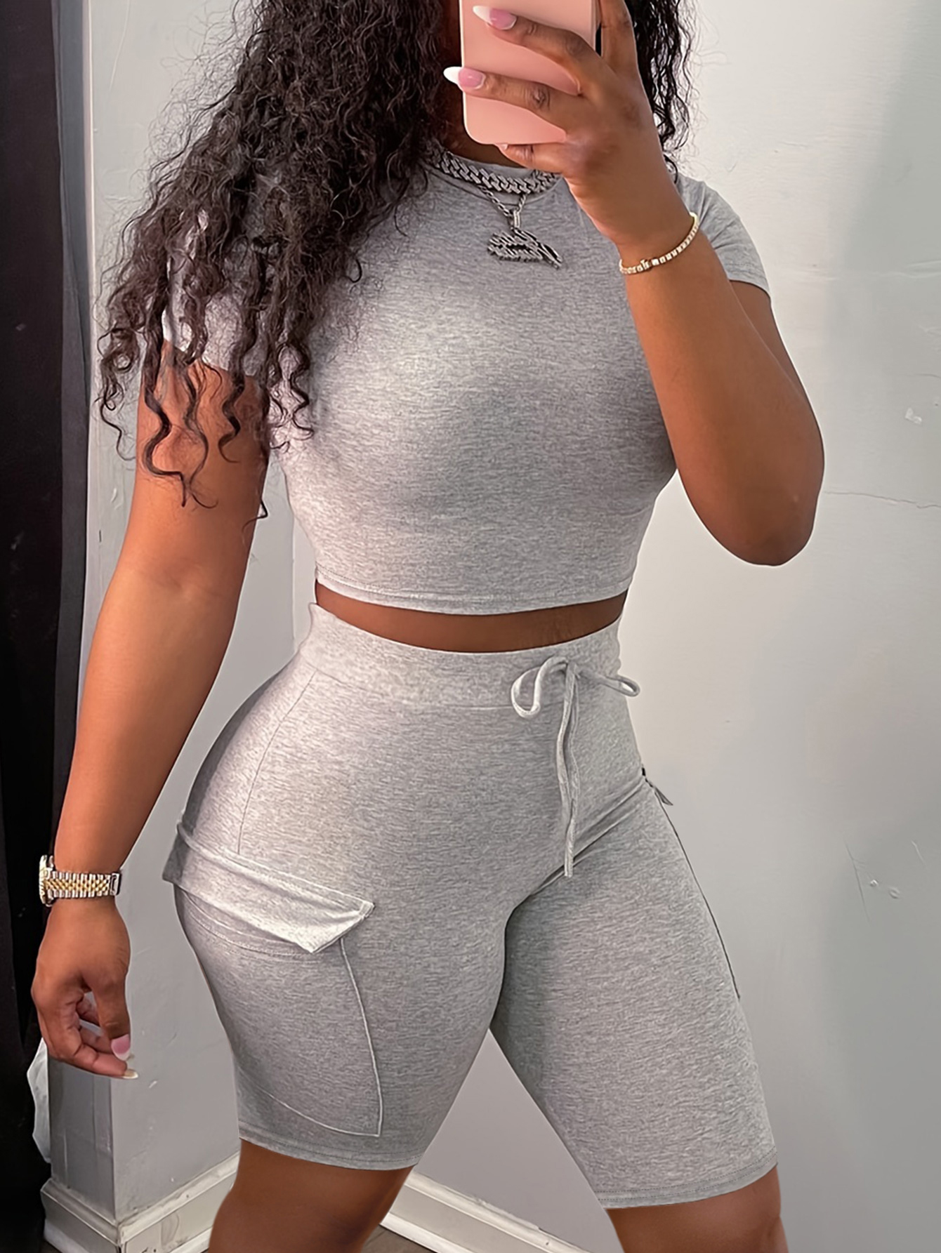 LW Crop Top Drawstring Side Pocket Shorts Set