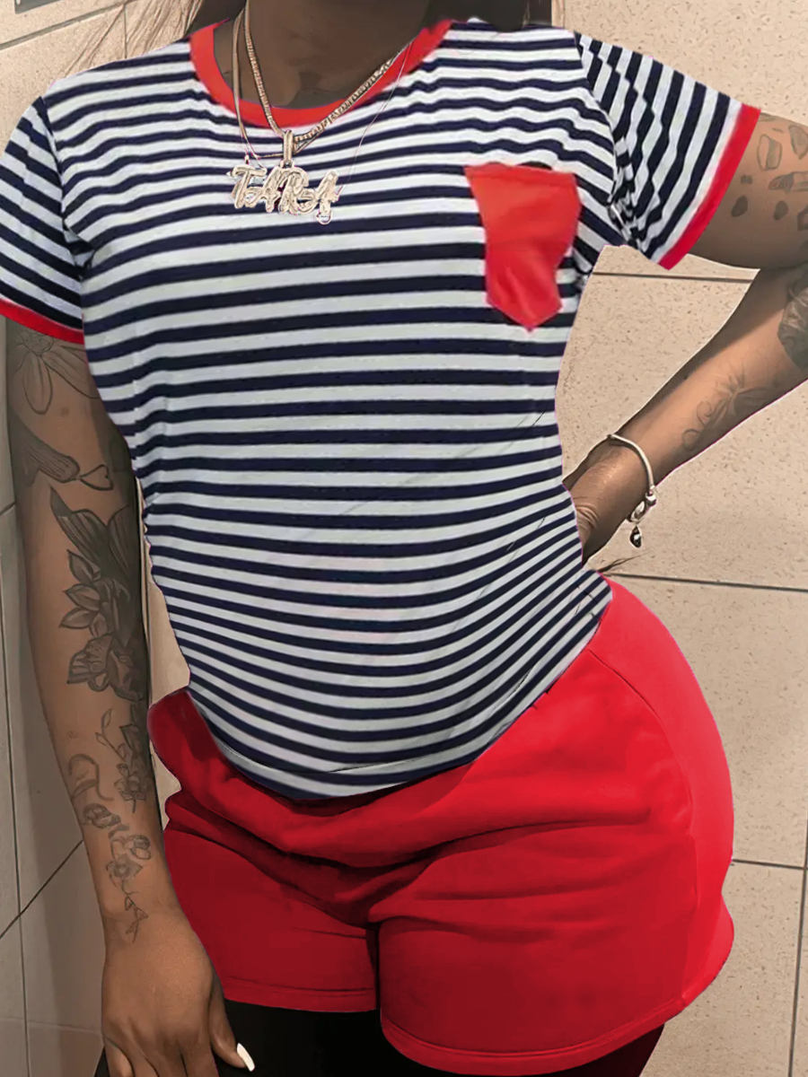 LW Round Neck Striped Shorts Set