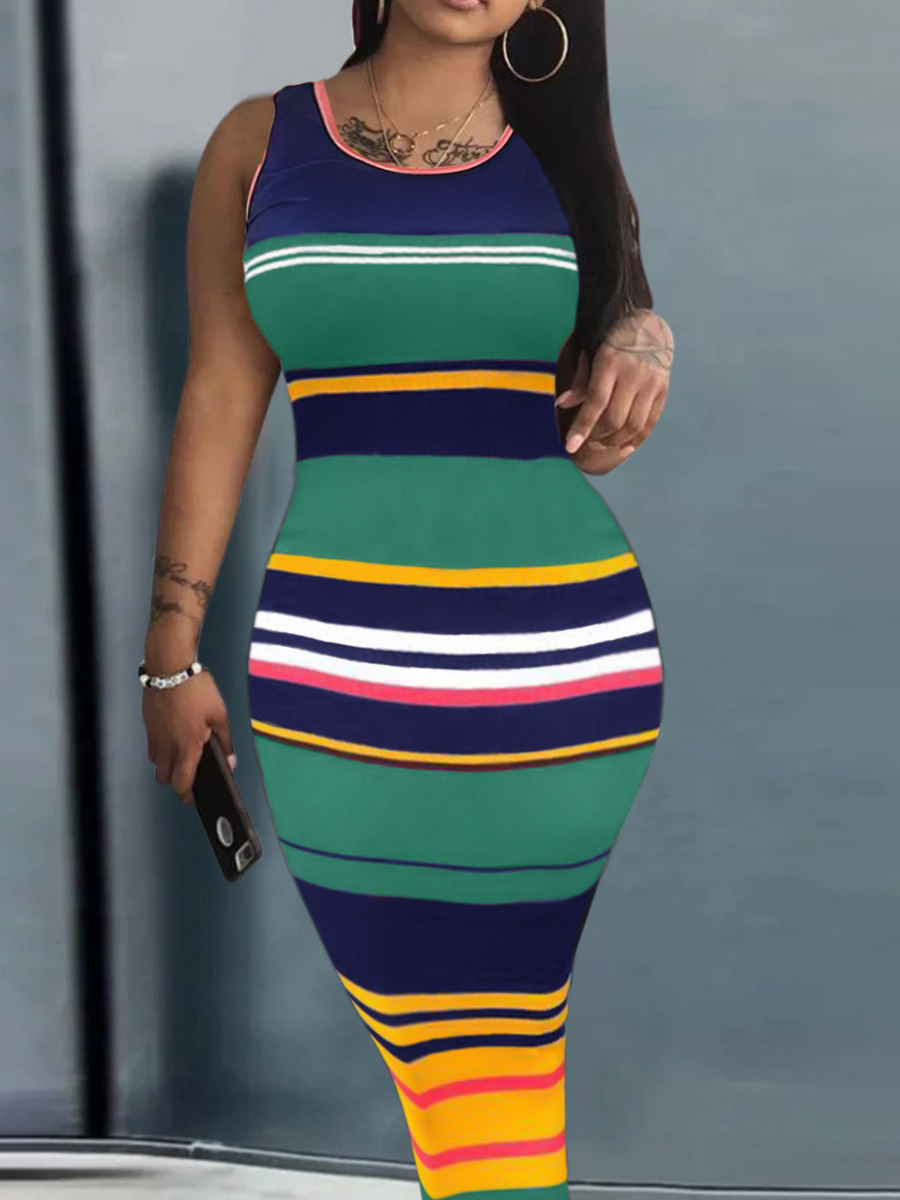 LW Plus Size Rib Knit Striped Bodycon Dress