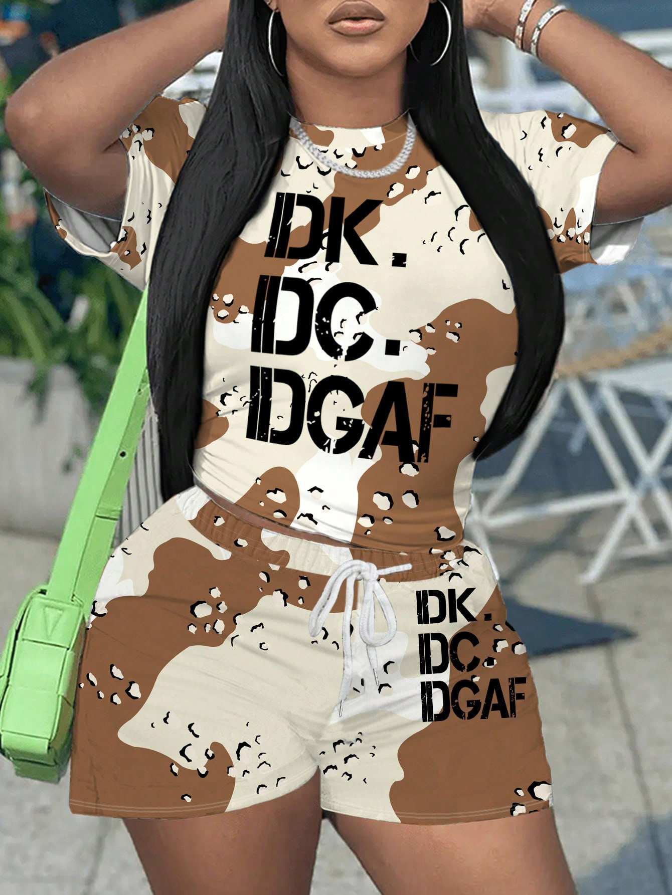LW Camo Letter Print Drawstring Shorts Set