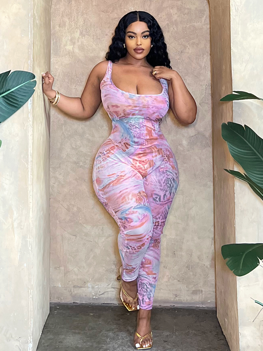 LW Plus Size Mixed Print Skinny Cami Jumpsuit 5X