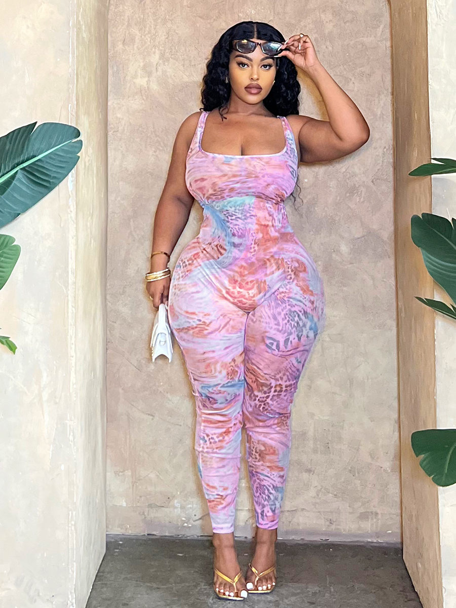 LW Plus Size Mixed Print Skinny Cami Jumpsuit 5X