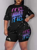 LW BASICS Plus Size Gradient Letter Print Shorts Set