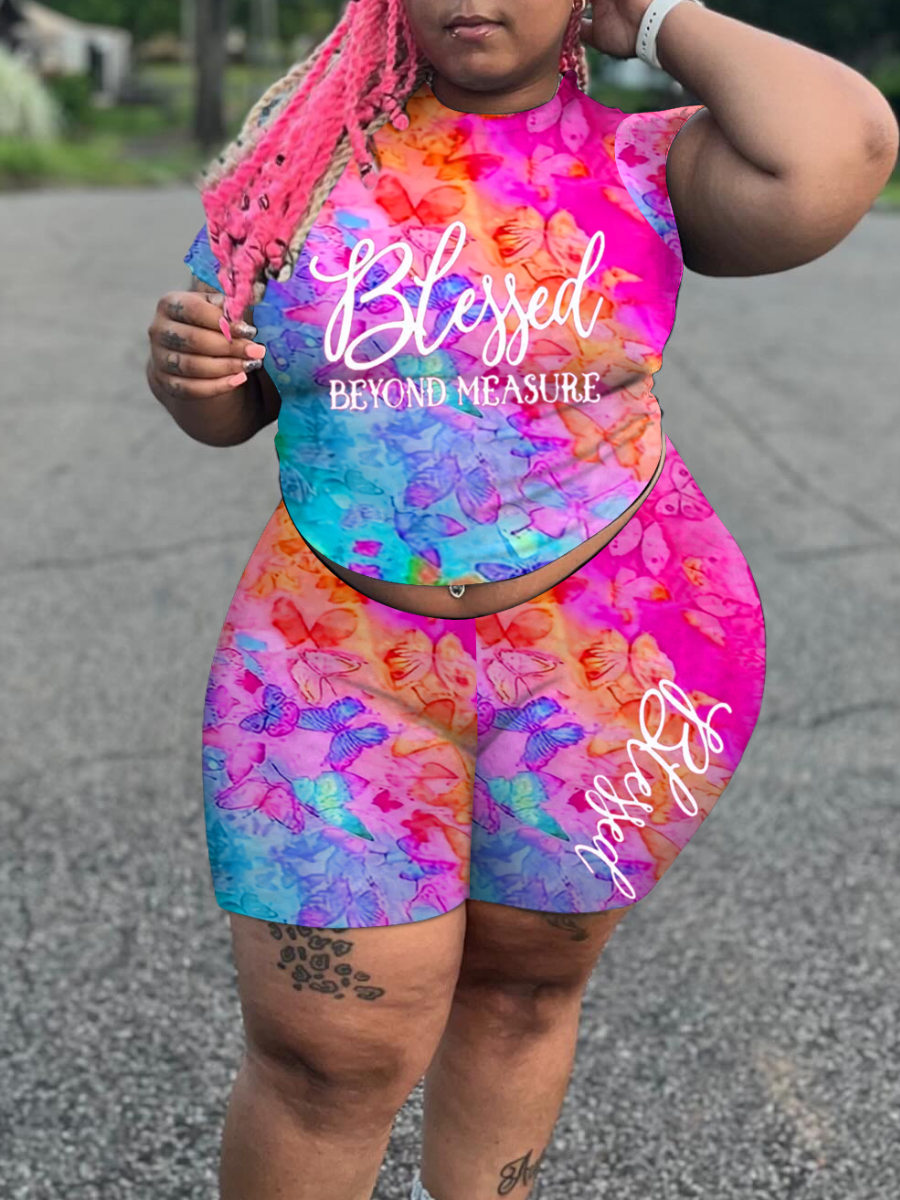 LW Plus Size Gradient Floral Letter Print Shorts Set