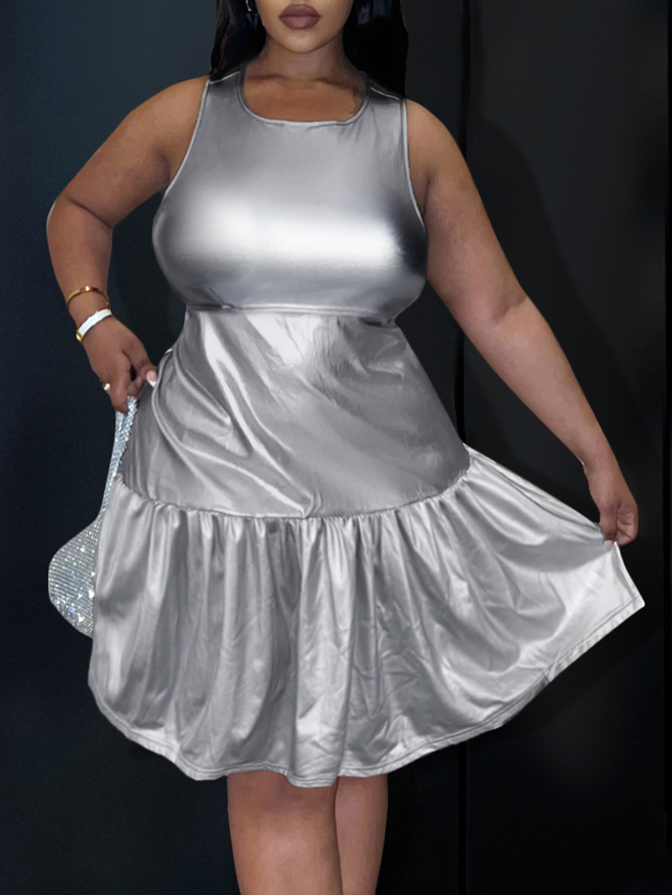 LW BASICS Plus Size Round Neck Ruffle Design Dress