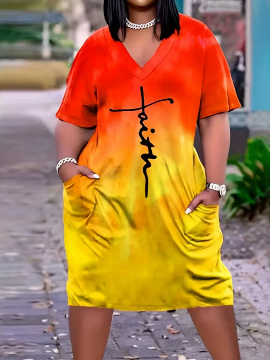 LW Plus Size Gradient Letter Print Pocket Design Dress