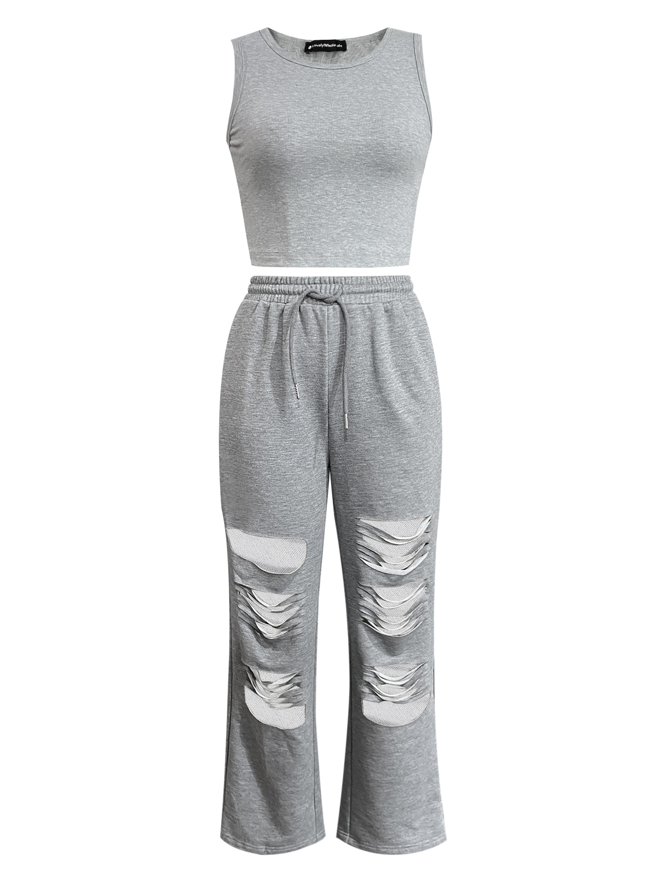 LW Crop Top Ripped Drawstring Pants Set