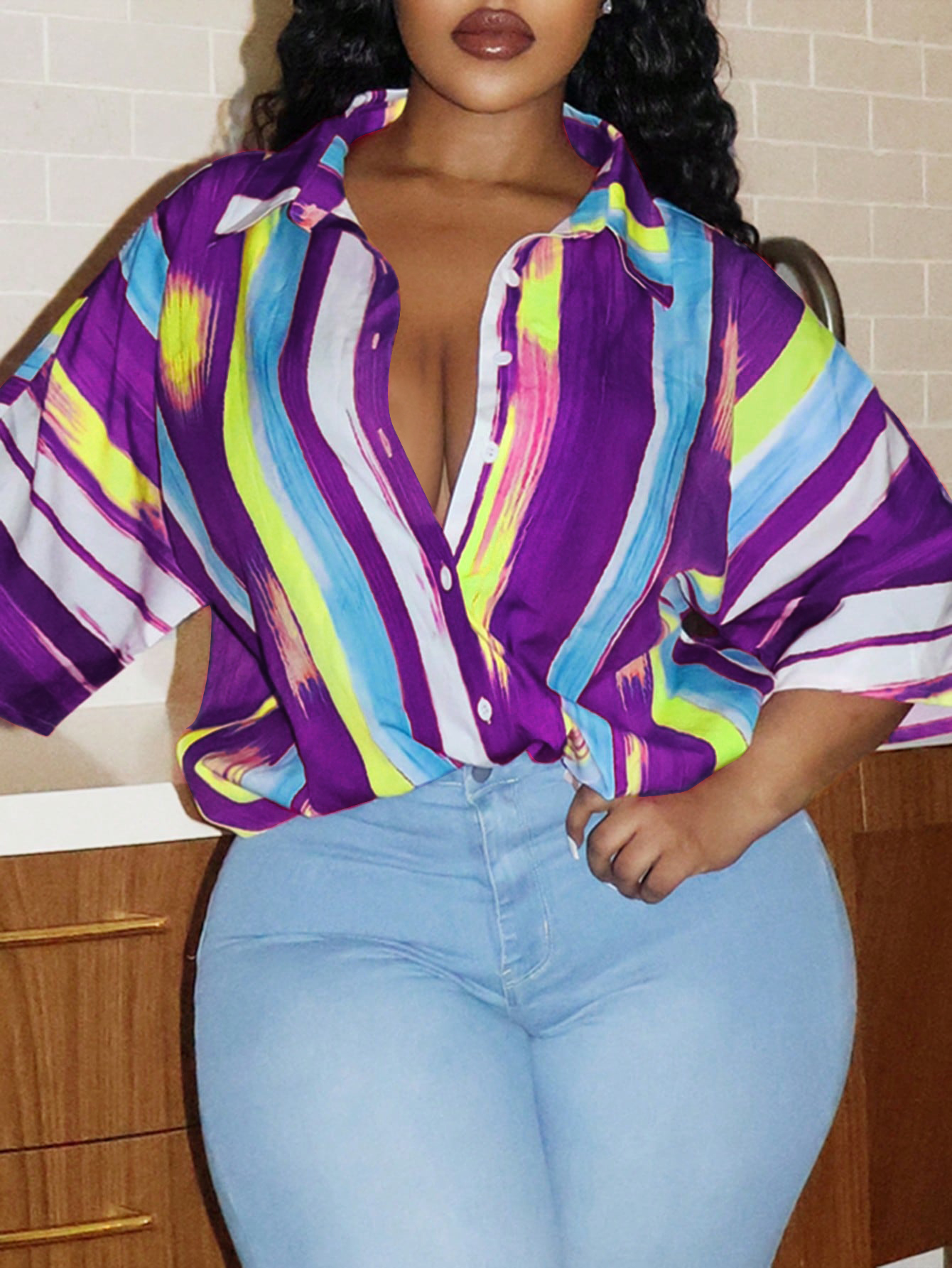 LW BASICS Plus Size Turndown Collar Striped Shirt