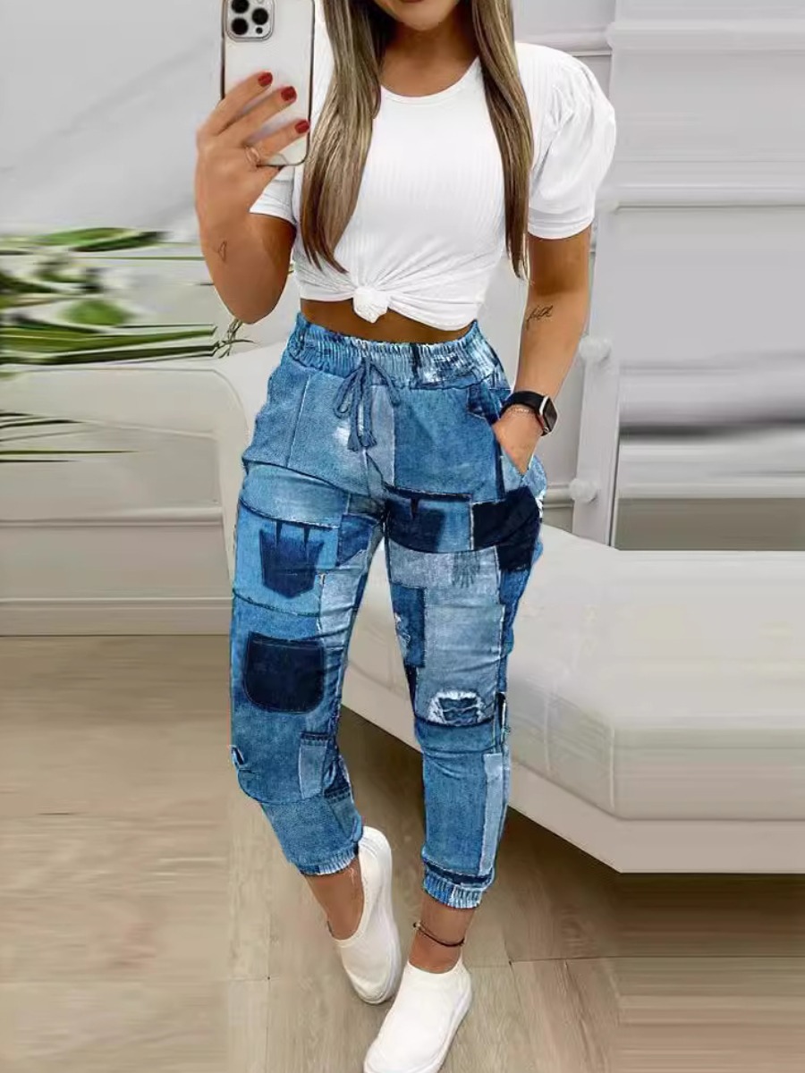 LW Plus Size Puff Sleeve Imitation Denim Drawstring Pants Set