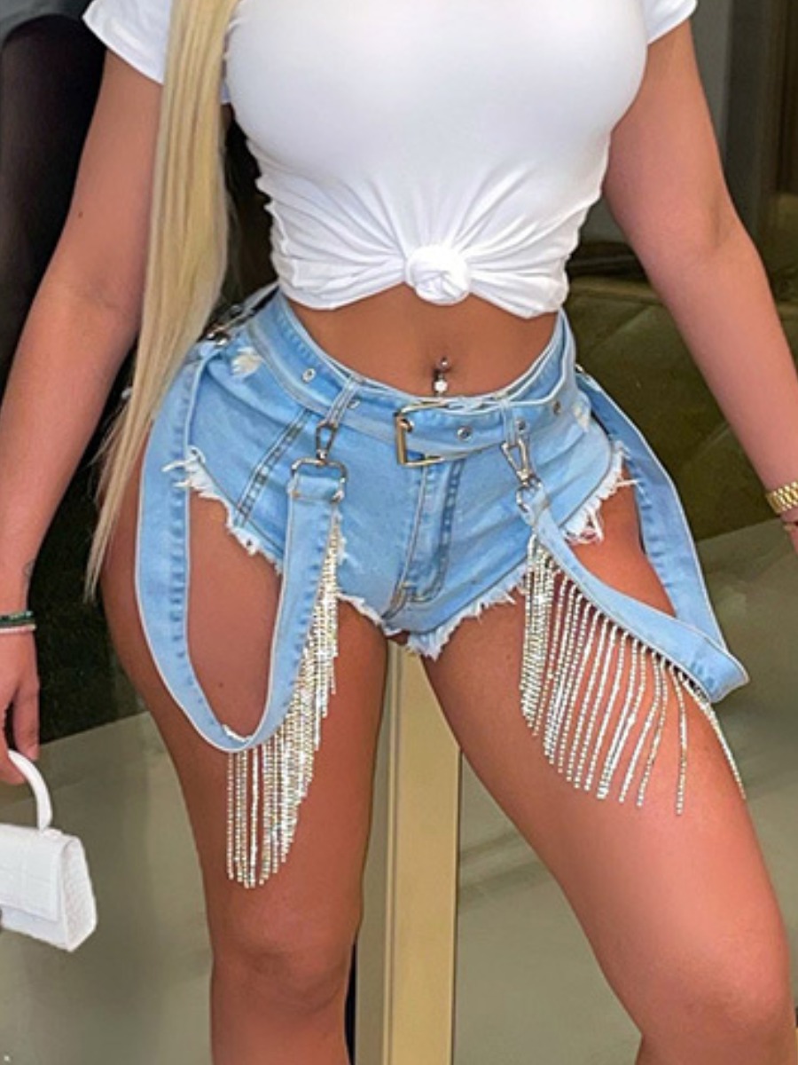 LW Belt Tassel Design Raw Edge Denim Shorts