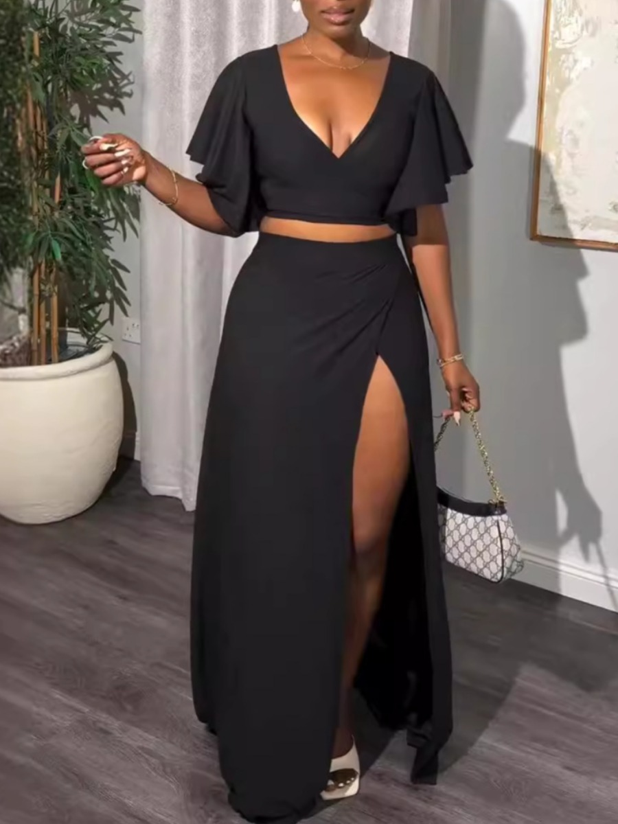 LW Plus Size V Neck Crop Top Thigh Split Skirt Set