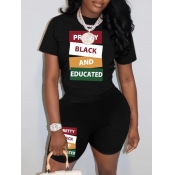 LW Letter Print Patchwork Shorts Set
