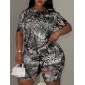 LW BASICS Plus Size Round Neck Plant Print Shorts 