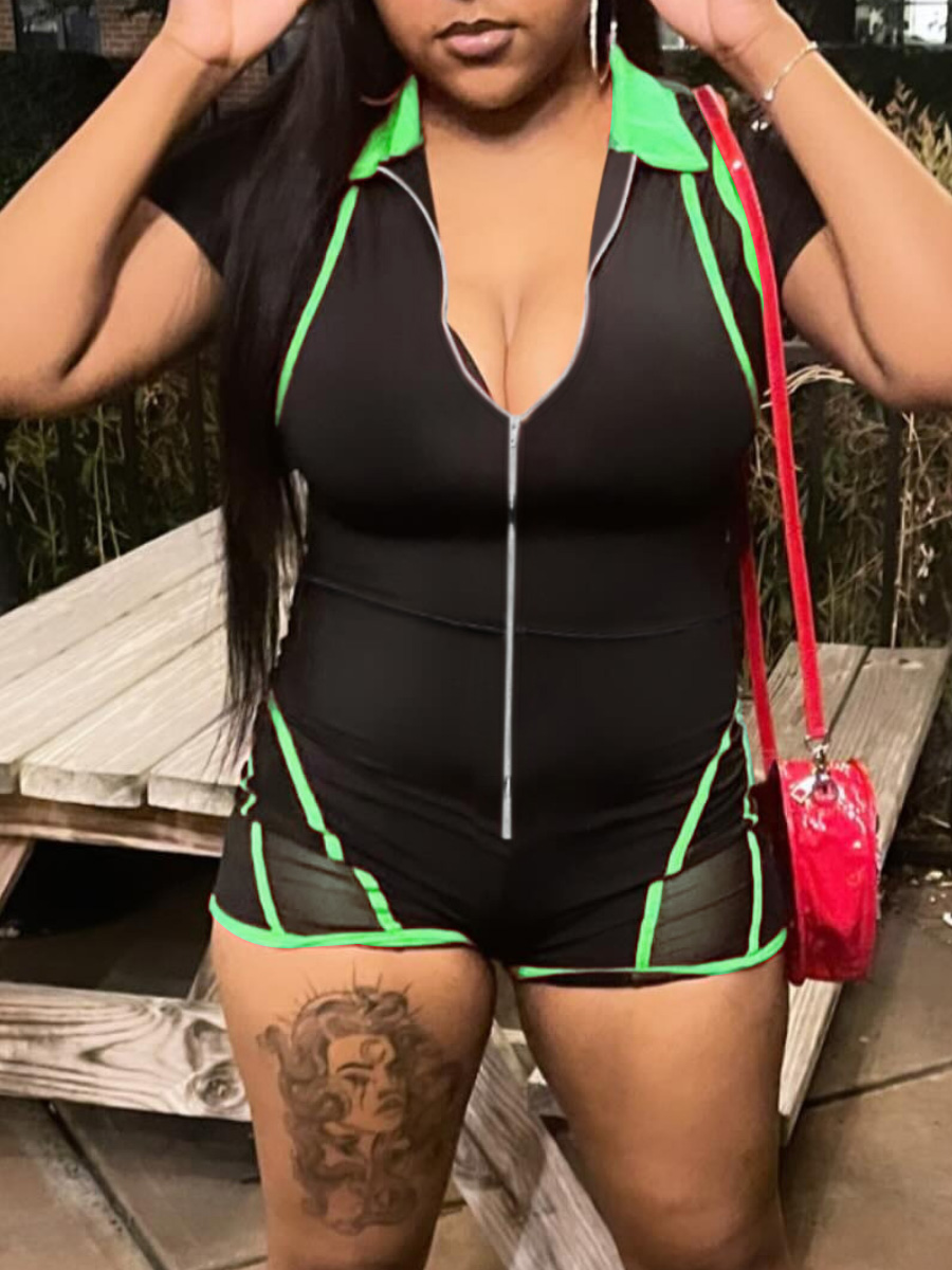 LW Plus Size Turndown Collar Striped Romper